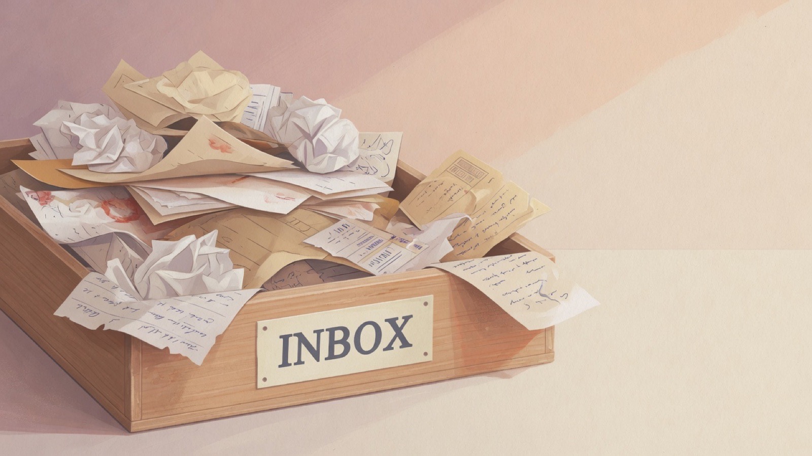 A wide wicker basket on a hallway table filling with envelopes, a recorder, a postcard and a map.
