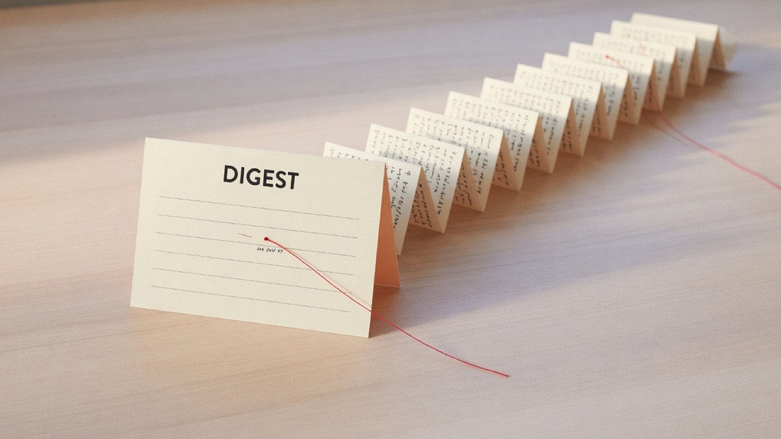 A short index card headed DIGEST standing upright on a desk, a long concertina of densely handwritten paper folding away behind it, one fine thread running from a line on the card to a fold far back.