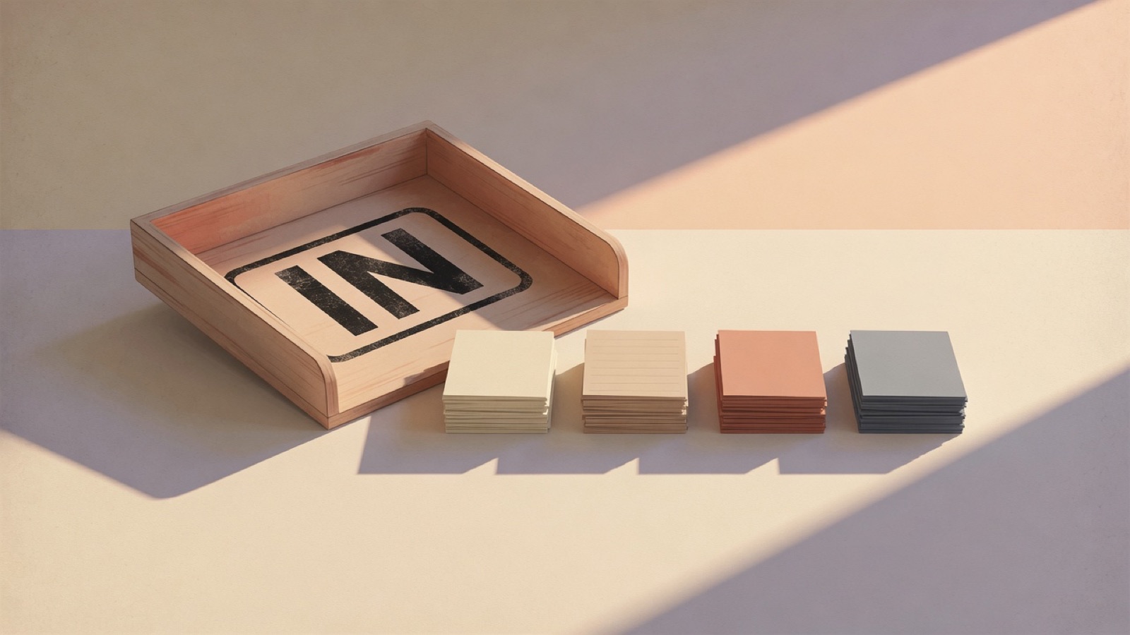 An empty wooden desk tray stamped IN standing in raking morning light, with four small neatly squared stacks of paper sorted in a row on the desk beside it.