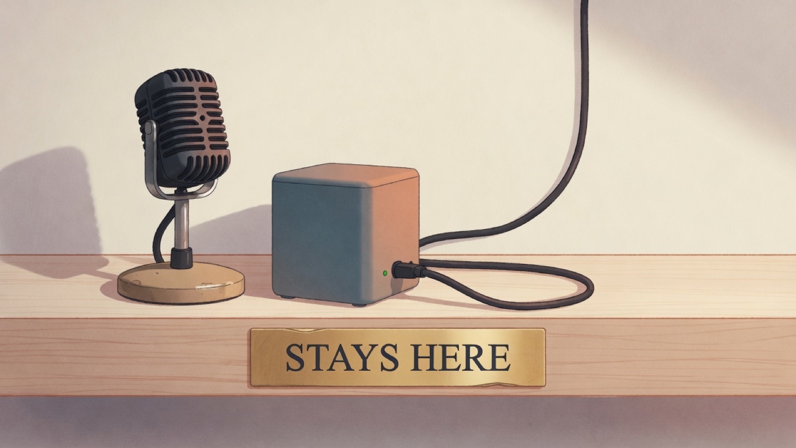 A vintage desk microphone beside a small home server, a single cable looping out of the server and back into the same desk, a plate beneath it reading STAYS HERE.