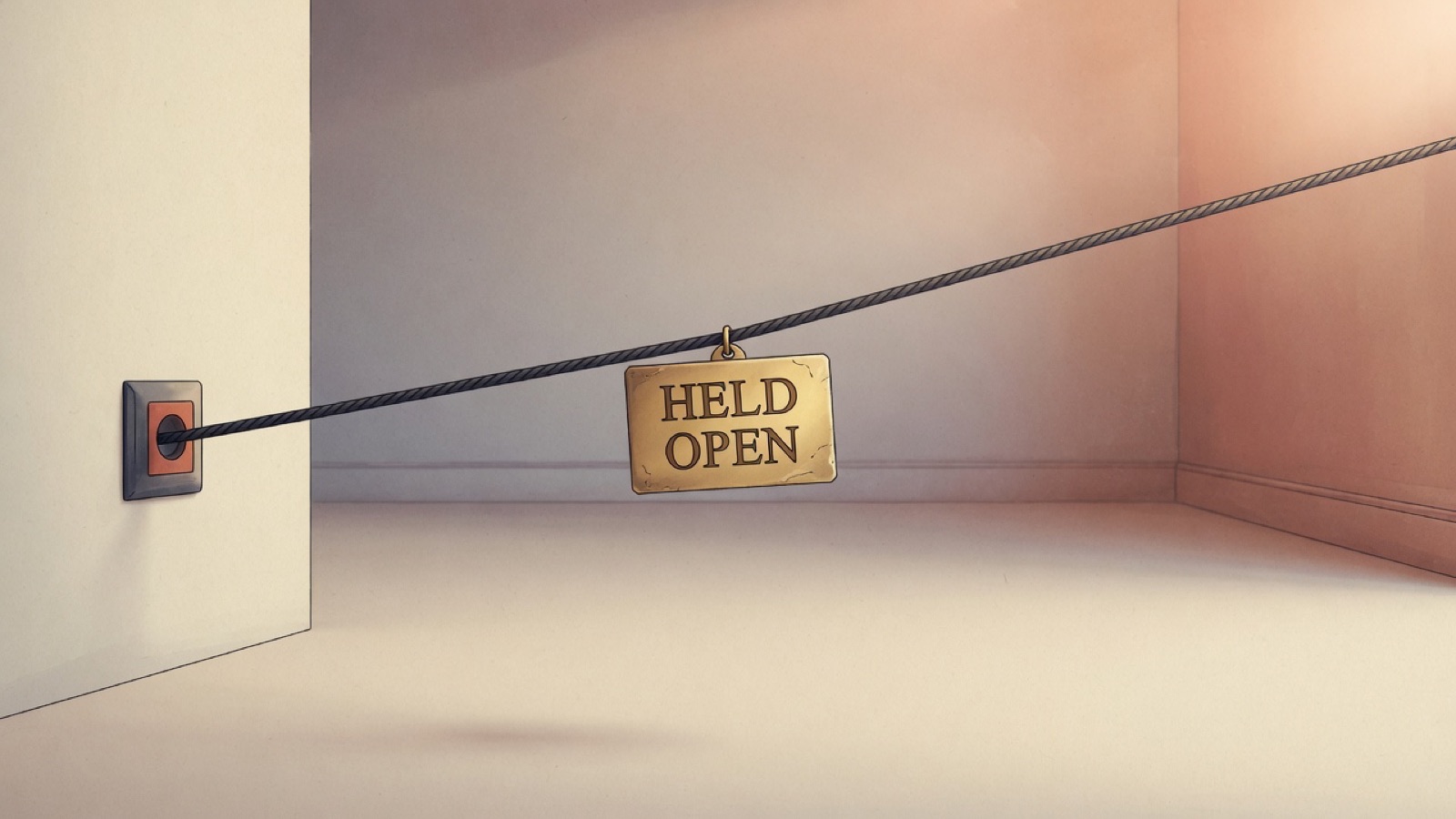 A single cord running from a wall socket across a quiet room and held taut in mid-air, a small brass plate hanging from it reading HELD OPEN.