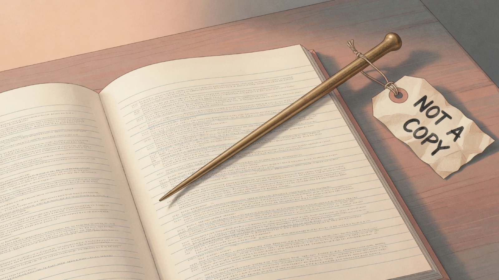 A slim brass pointer lying across an open book with its tip resting on a single ruled line, a small paper tag tied to its handle reading NOT A COPY.