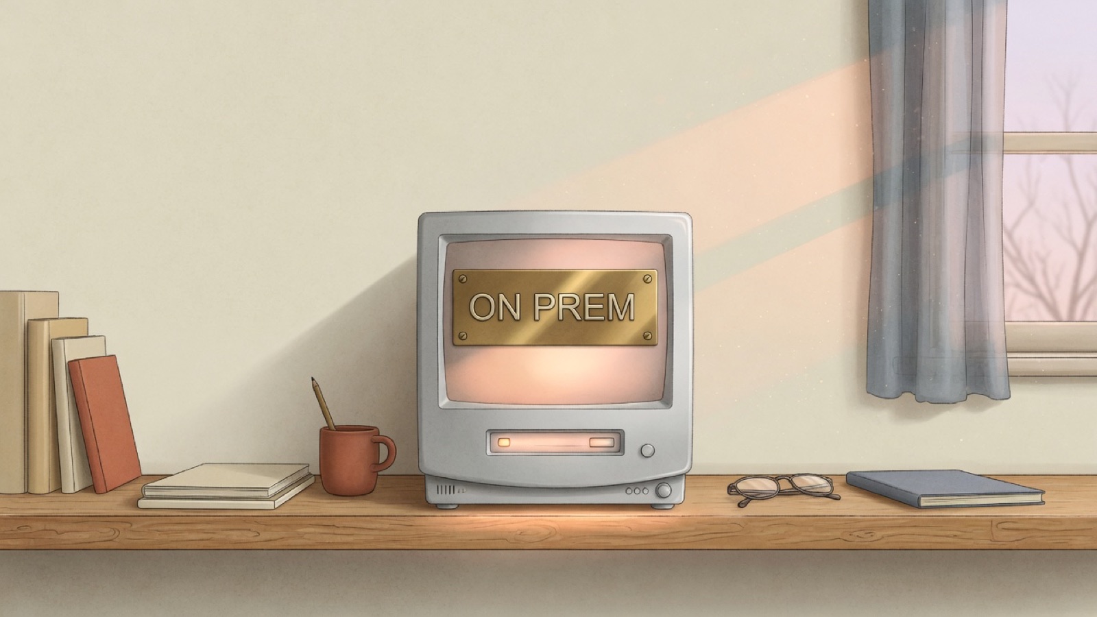 A silver desktop machine glowing softly on a shelf in a home study at dawn, a small brass plate screwed to its face reading ON PREM.