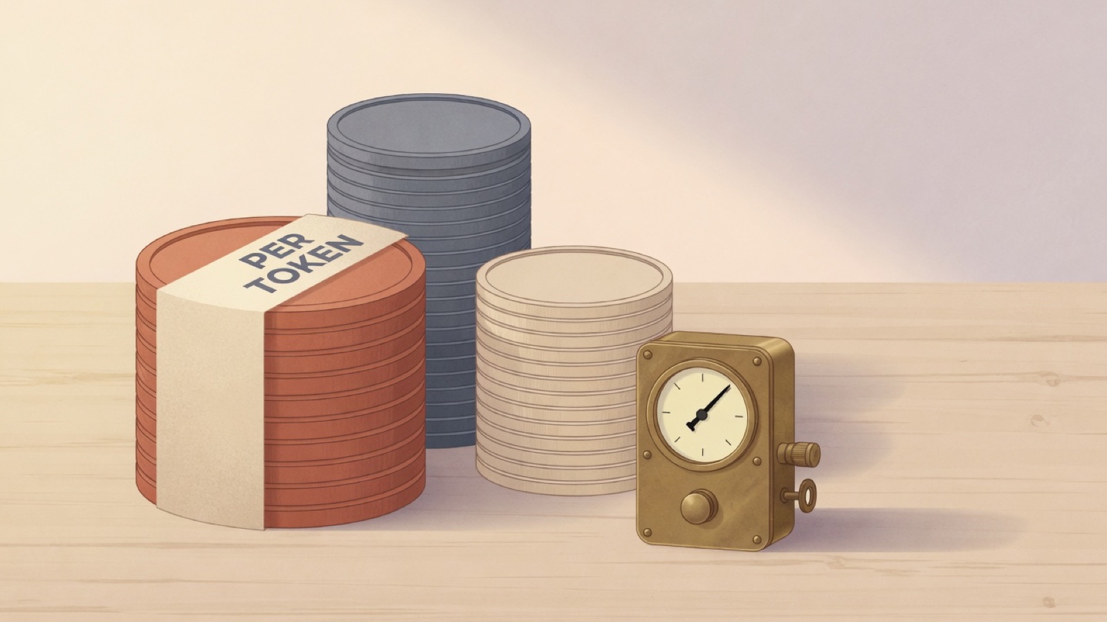 Three stacks of coins standing on a wooden desk beside a small brass meter with a glass dial, a paper band wrapped around the front stack reading PER TOKEN.