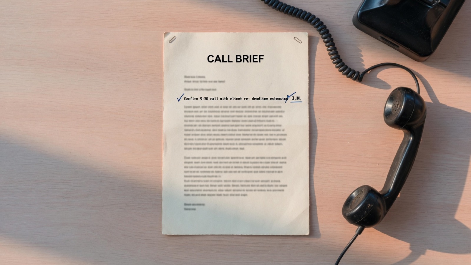 A single typed sheet headed CALL BRIEF lying on a desk beside a telephone handset, one line near its top ticked in ink and initialled.