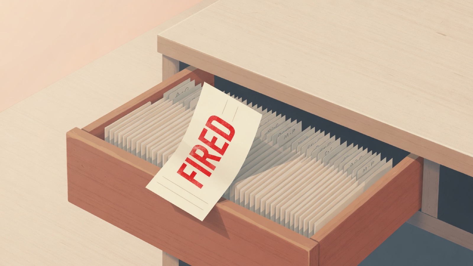 A wooden card-index drawer of small paper slips standing open, one slip tipped forward and struck with a brass stamp reading FIRED.