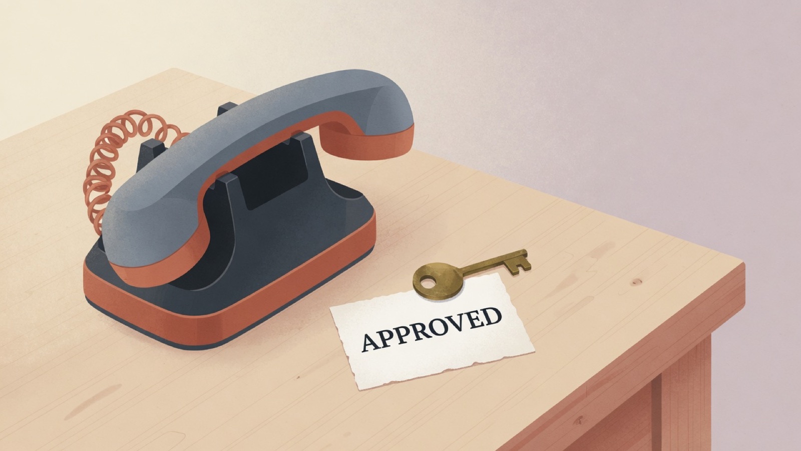 A telephone handset resting in its cradle on a wooden desk with a single brass key laid beside it, a small card tucked under the key reading APPROVED.
