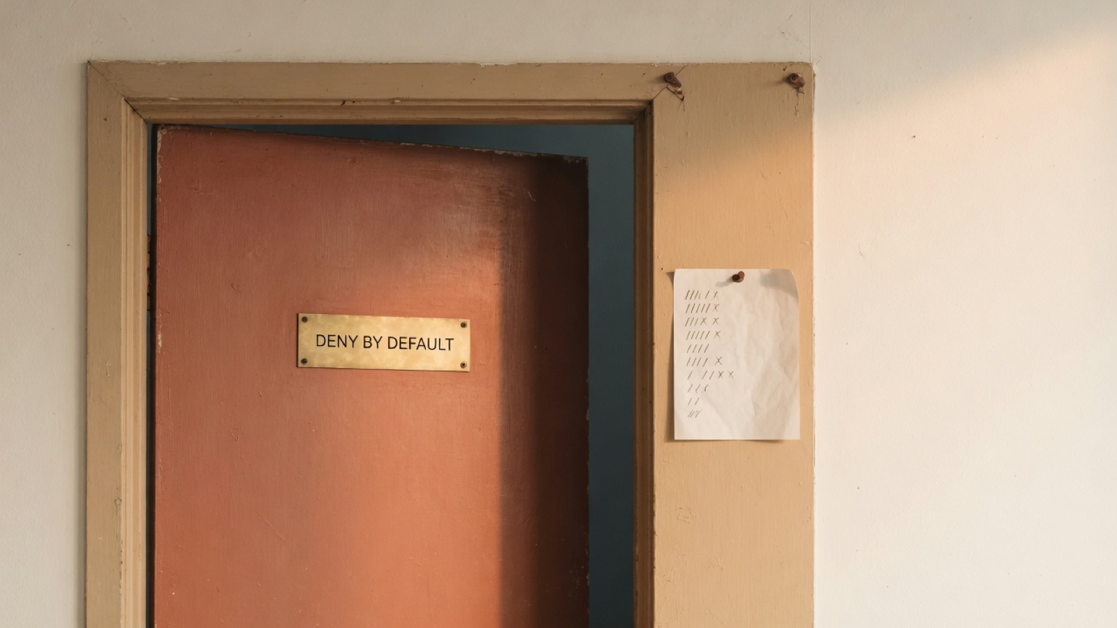 A painted door with a small brass plate reading DENY BY DEFAULT, and pinned to the frame beside it a sheet of paper carrying a short column of pencil tally marks and no words.
