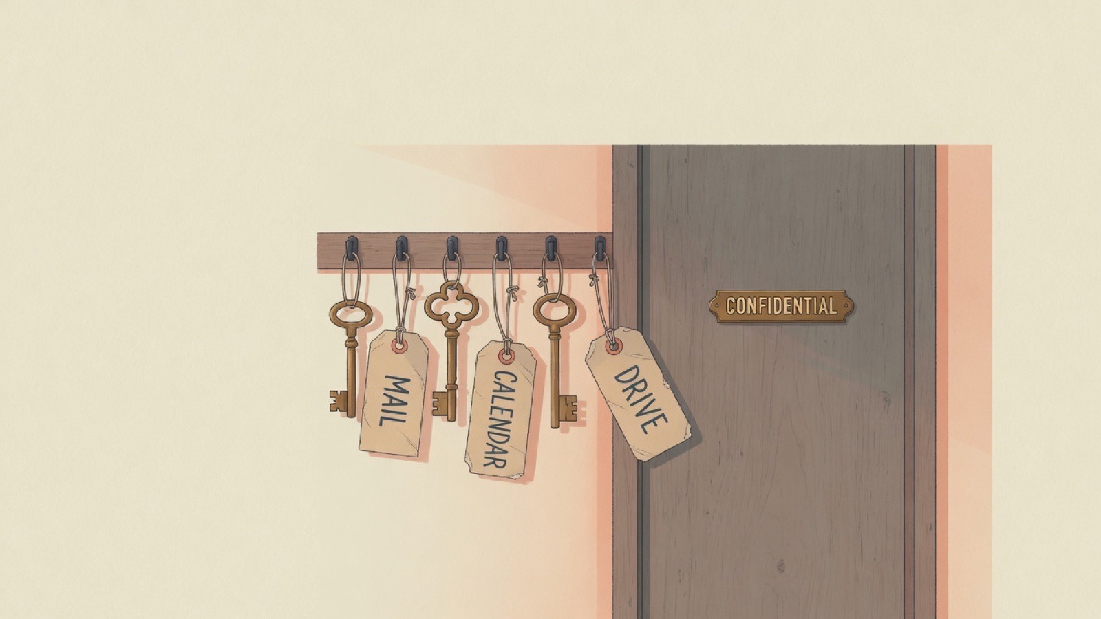 A row of small locked wooden boxes on a shelf, each with its own key on a hook beneath.