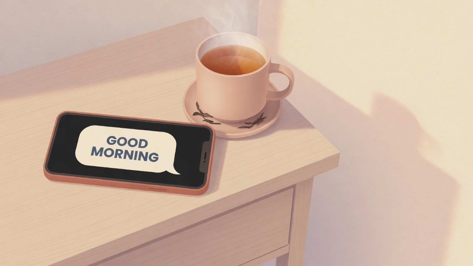 A phone on a wooden nightstand at dawn showing a single chat bubble that reads Good morning, a cup of tea beside it.
