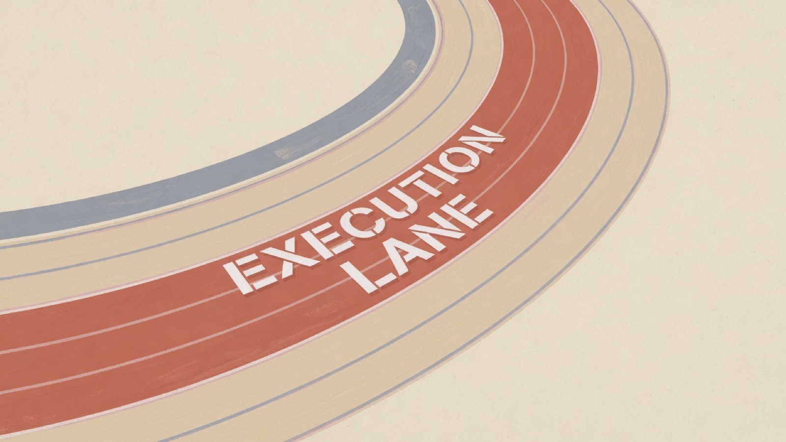 A single empty running lane on a quiet outdoor track at dawn, freshly painted lines.