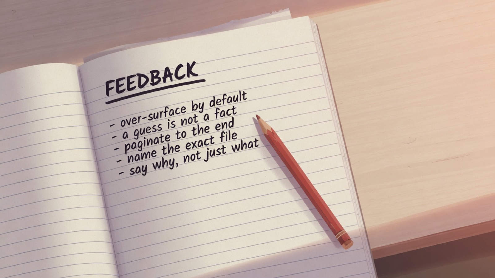 An open notebook headed Feedback above five handwritten lines — over-surface by default; a guess is not a fact; paginate to the end; name the exact file; say why, not just what — a red pencil across the page.