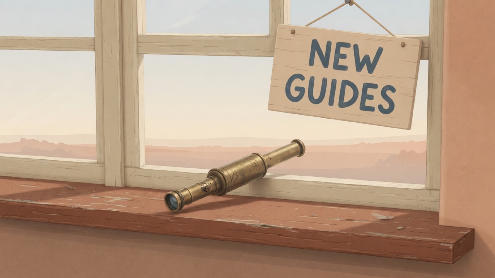 A small brass telescope on a windowsill pointed at a distant lighthouse across calm water.