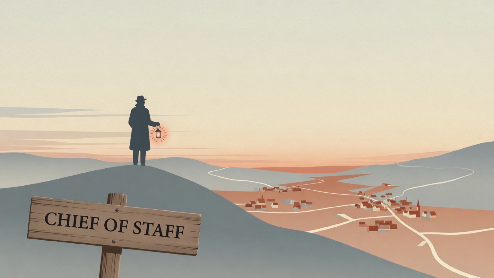 A lone figure with a lantern on a hill at dawn, looking over a valley of villages joined by paths.