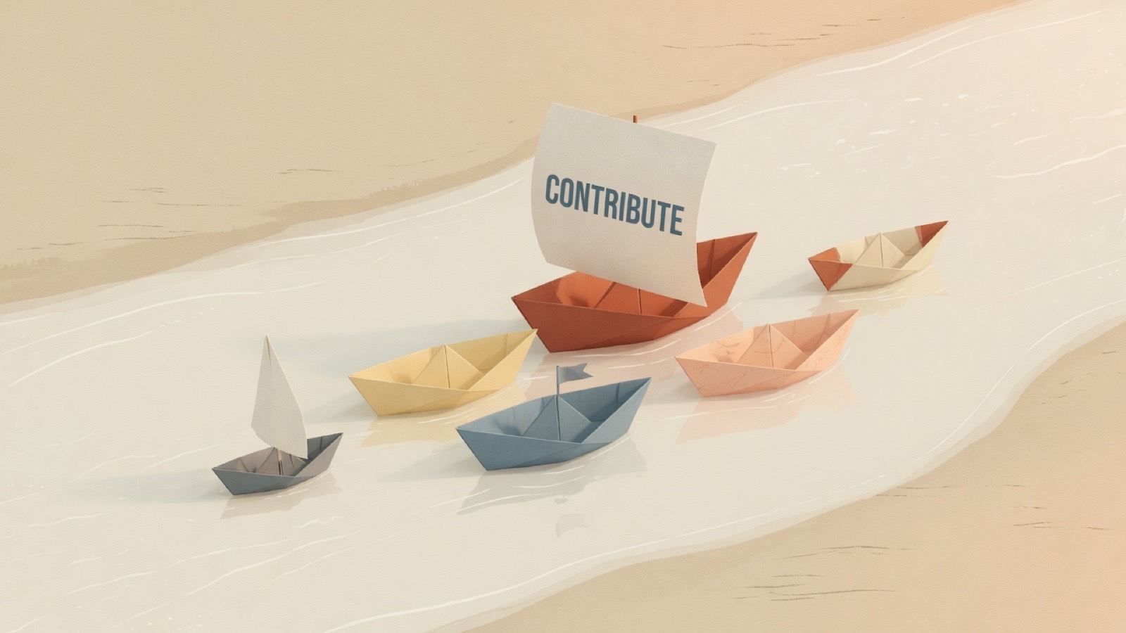 Small paper boats of different colours drifting together down a stream, each carrying a folded note.