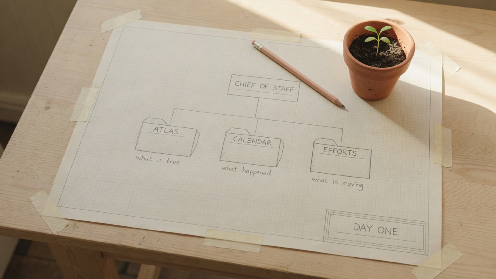 A sheet of grid paper taped to a sunlit workbench, drawn on it in pencil a box marked chief of staff above three folders lettered Atlas, Calendar and Efforts — annotated what is true, what happened, what is moving — and a title block reading Day One; a pencil and a potted seedling lie beside it.